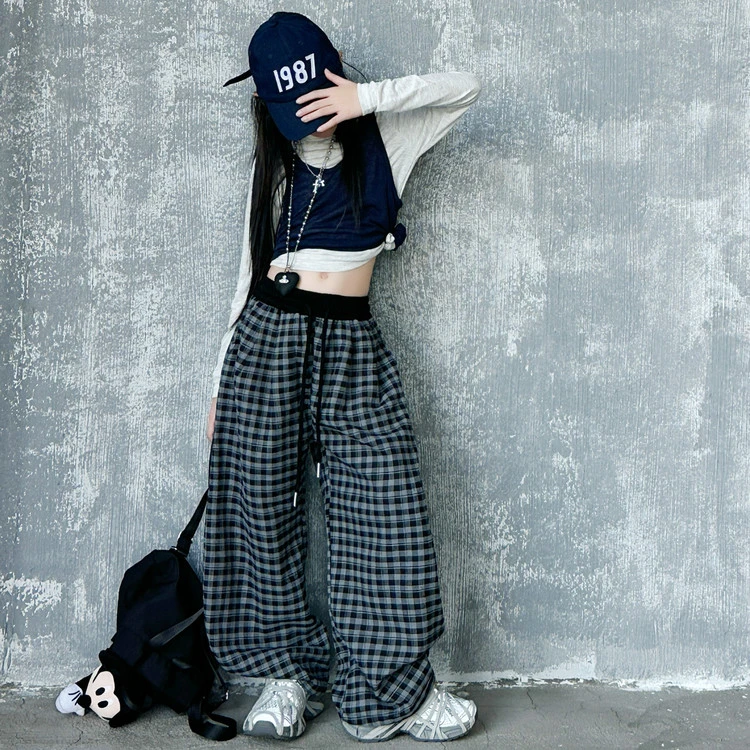 女童春秋格子裤2025新款韩版中大童时尚潮流休闲宽松棋盘格弯刀裤