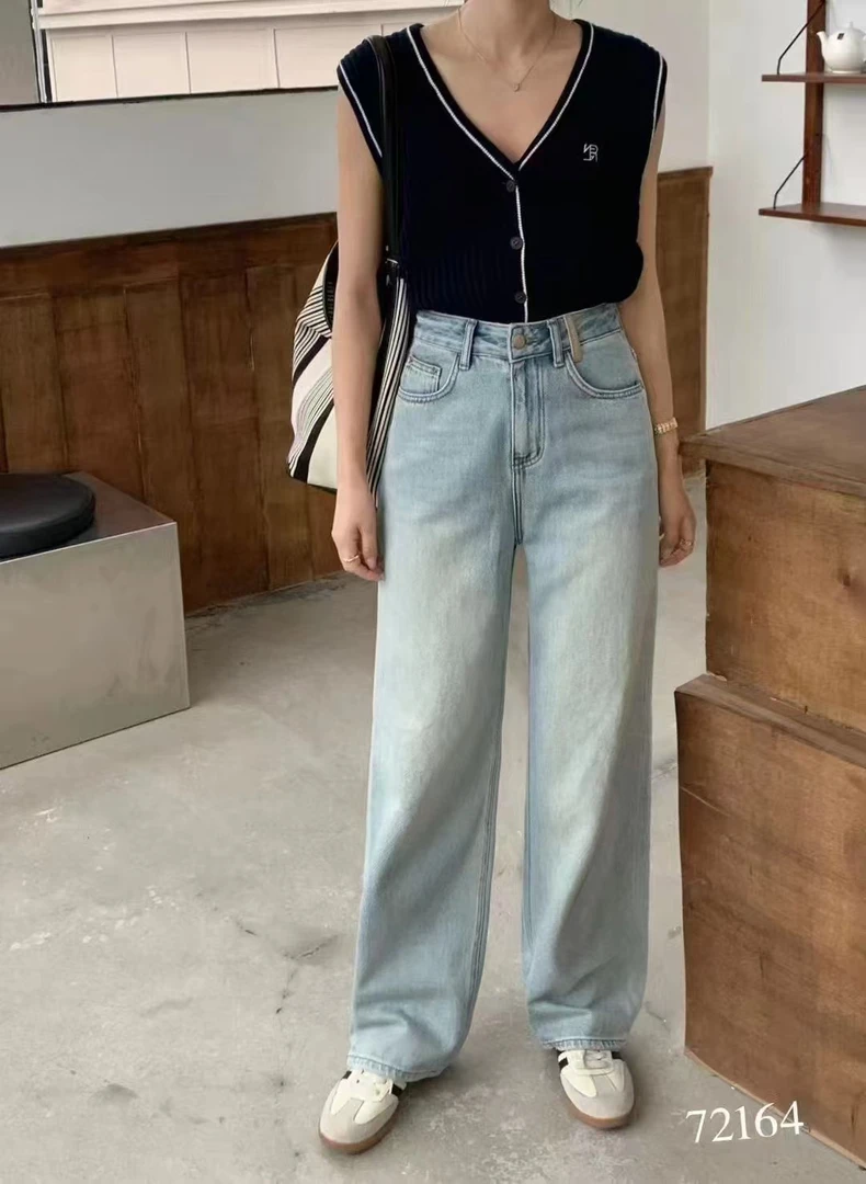 欧货复古浅色显瘦高腰阔腿牛仔裤裤72164