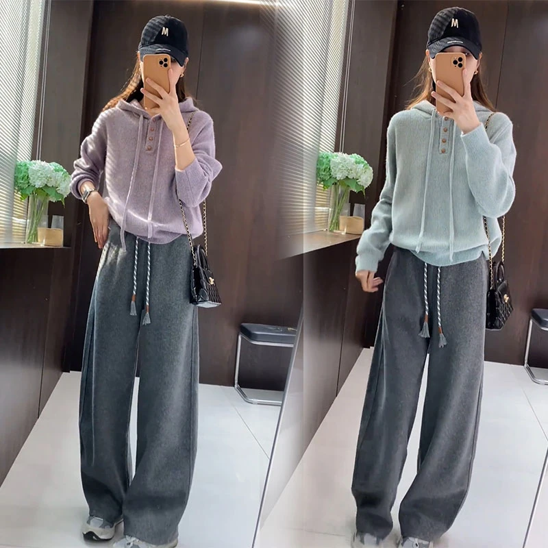 2025年秋冬季软糯连帽长袖毛衣慵懒风宽松松紧腰休闲裤子两件套装