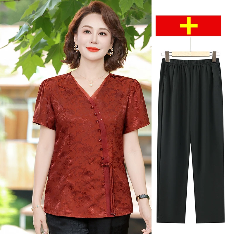 妈妈夏装套装2025新款中老年女装夏季新中式国风短袖上衣大码小衫