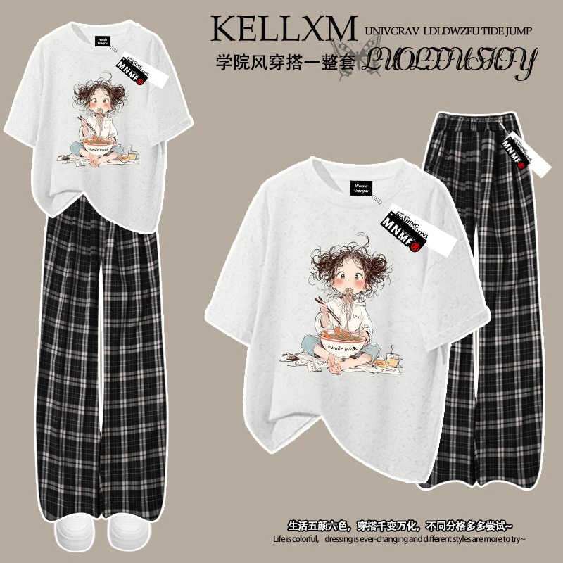 韩系可爱女孩印花夏季女童套装纯棉扎染短袖T恤格子裤时髦两件套