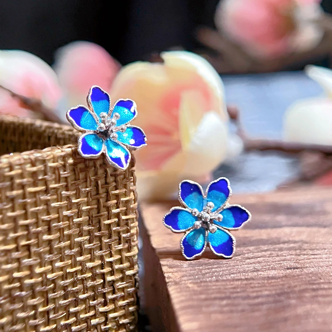 足银耳饰 爱花手工银 足银珐琅耳饰 花影耳钉古风雪花银烧蓝