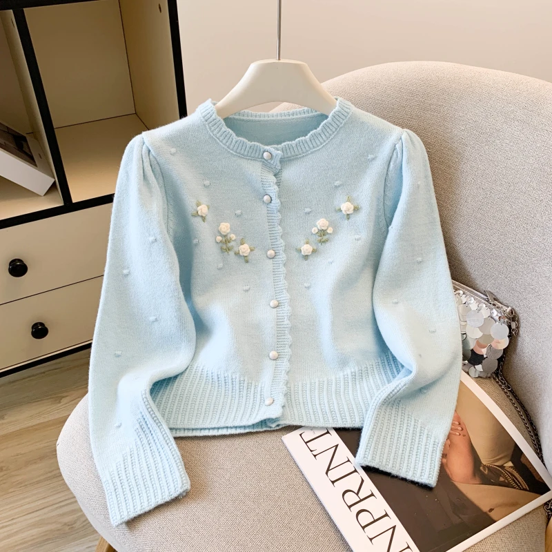韩版软糯蓝色毛衣女秋冬季2025新款洋气宽松短款针织开衫外套上衣