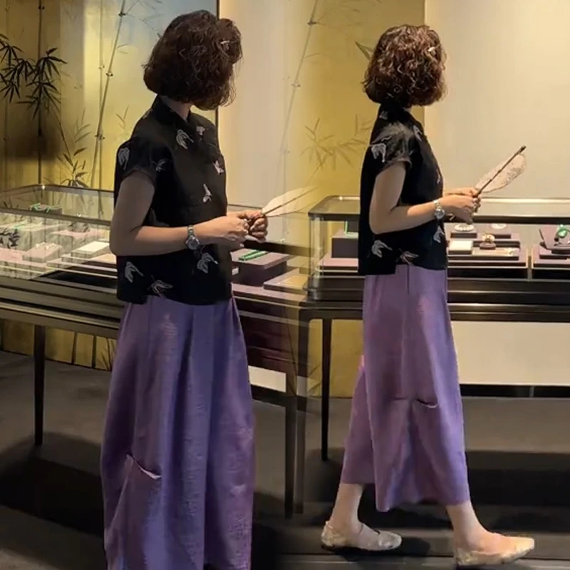 黑色刺绣衬衣温柔紫色高腰长裤套装女夏季新款复古气质穿搭两件套