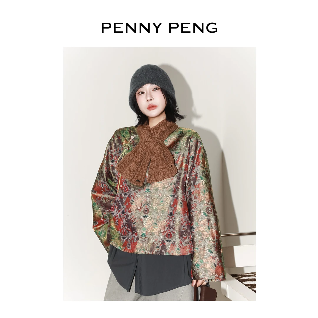 PENNYPENG 麒麟 冬季新款复古宽松新中式国风圆领印花真丝外套