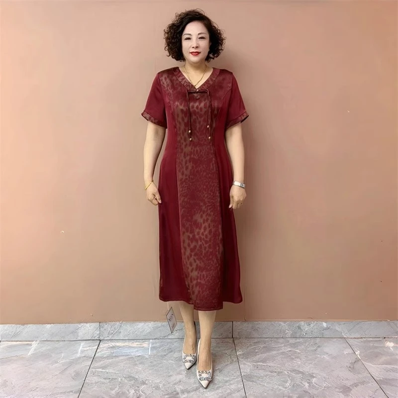高端阔太太短袖新中式中老年妈妈连衣裙时尚宽松遮肉洋气长裙