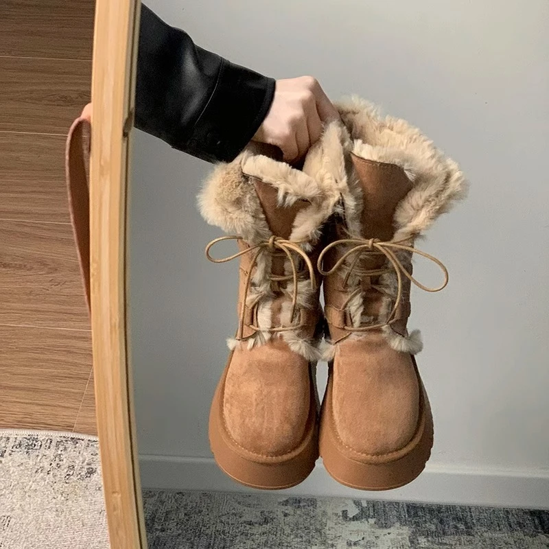 复古皮毛一体保暖雪地靴女2025冬季新款厚底加绒加厚防滑棉鞋女士