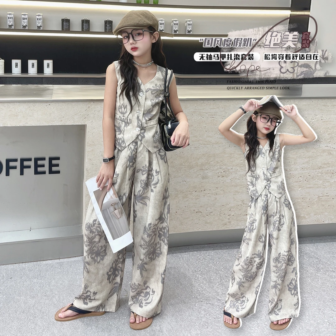 女童复古国风套装2025夏季新款中大童韩版无袖马甲长裤休闲两件套