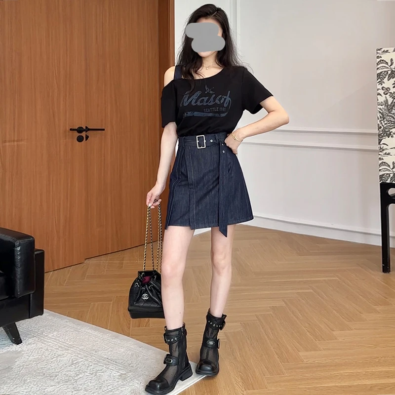 露肩假两件连衣裙2025夏季新款胖mm显瘦掐腰拼接短袖a字短裙子女