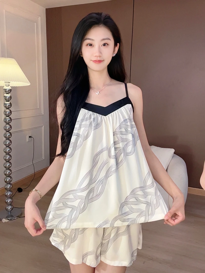 【冰山美人】夏季丝睡衣女带胸垫新款凉感吊带睡衣裙可外穿家居服