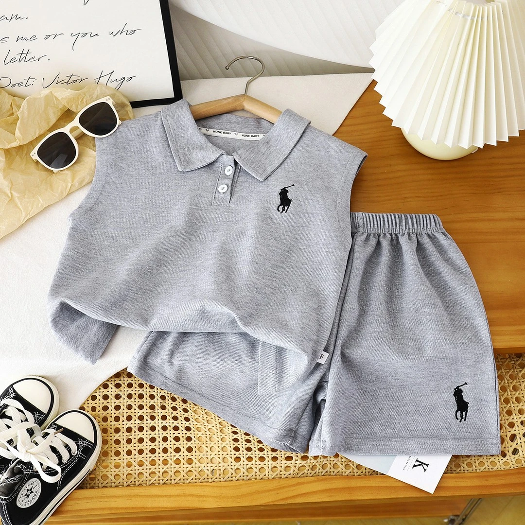 儿童无袖套装2025新款男童纯色POLO衫洋气背心短裤两件套薄款透气