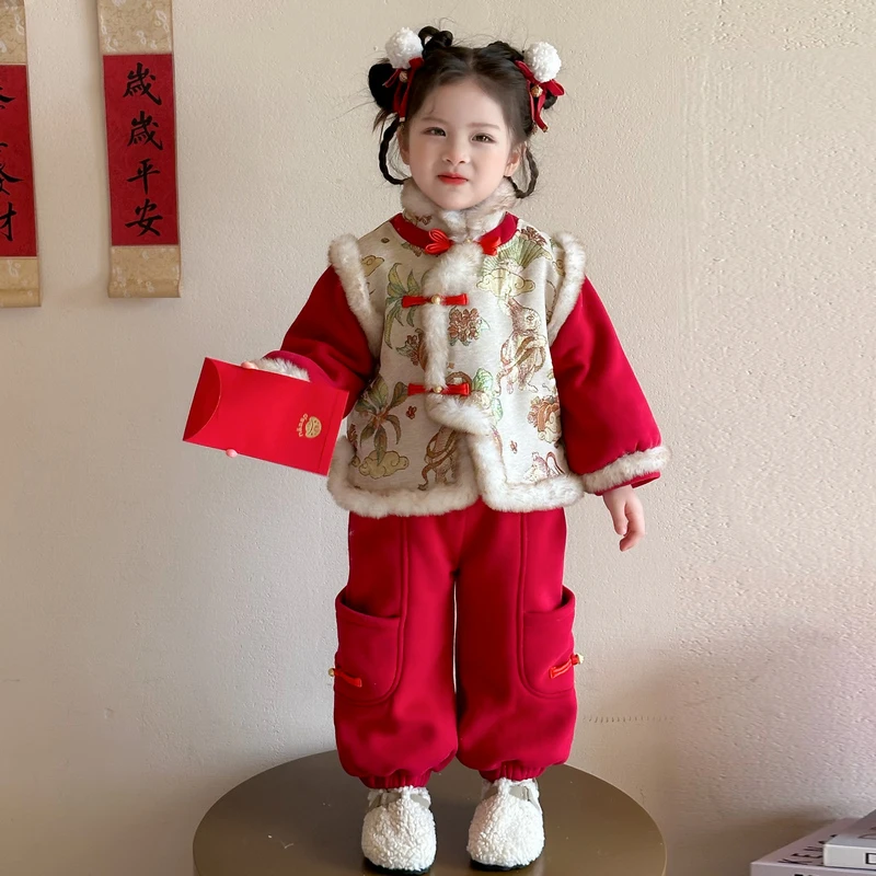 女童加绒冬季汉服套装拜年服女宝宝加厚唐装新年装中式保暖国风潮