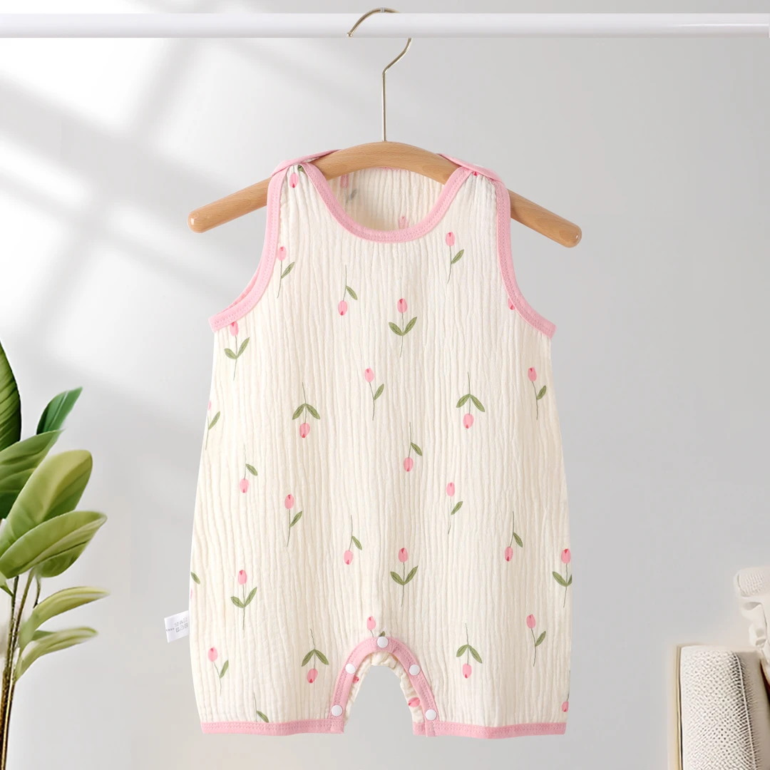 婴儿连体衣吊带纯棉纱布夏季薄款宝宝无袖背心睡袋防踢被哈衣爬服