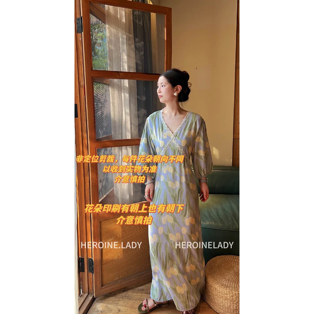 【你比星光美丽】HL棉绸V领蕾丝气质法式夏季温柔甜美花朵连衣裙