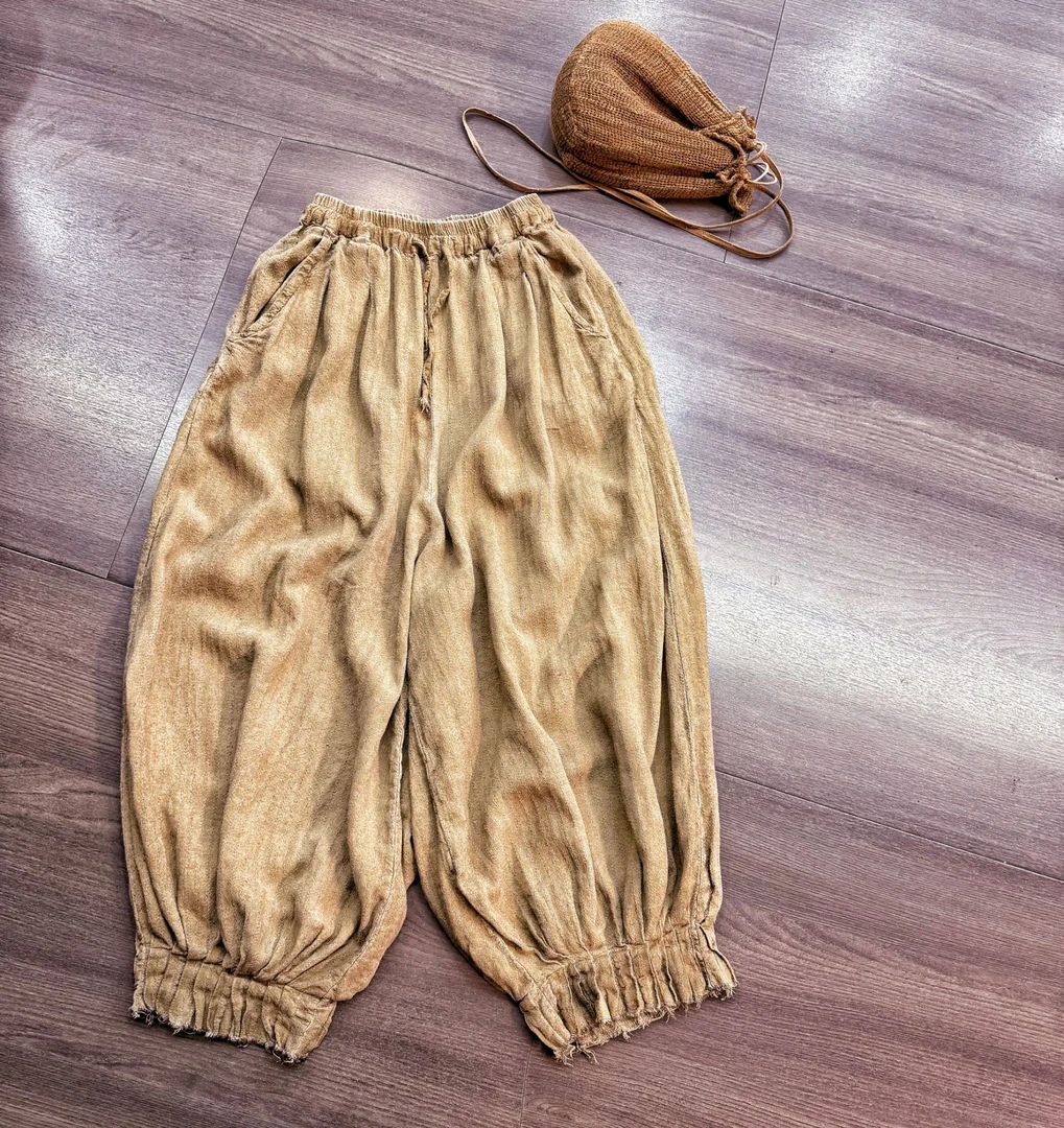 2537原创设计师款裤脚毛边打皱春款灯笼裤（裤长95、腰围115）