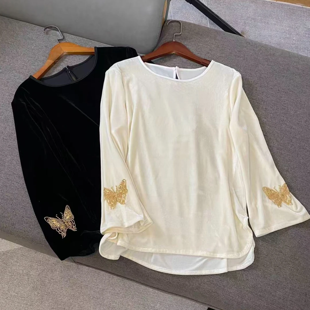 【金蝶忆相思】（宽松版）重工金蝶刺绣长袖白色打底衫丝绒女士长袖恤