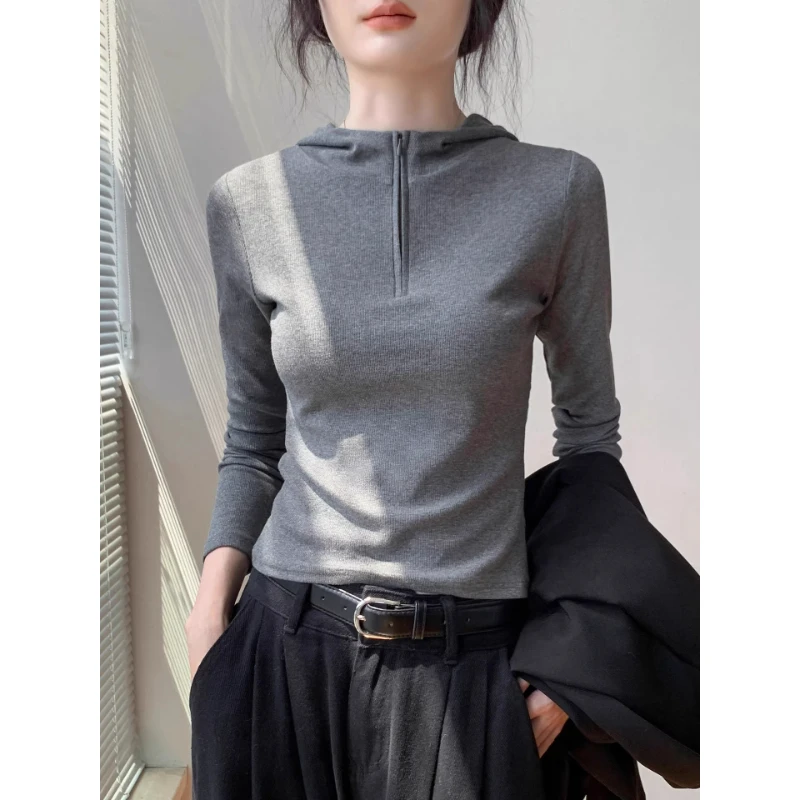 韩版拉链半开领长袖上衣T恤女2025早秋季流行修身连帽卫衣打底衫
