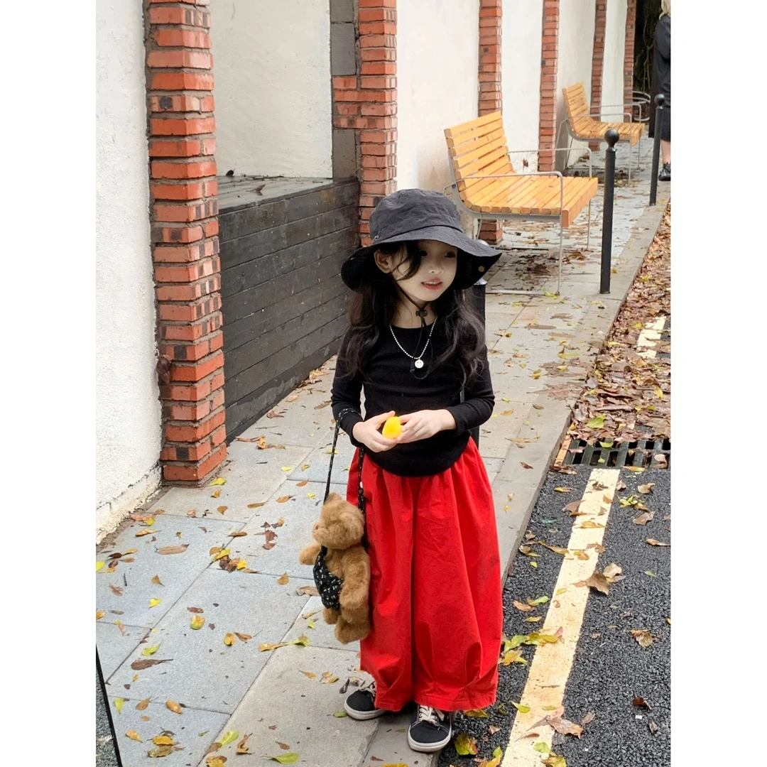 现货壹妈韩版童装女童洋气儿童秋冬黑色打底衫长袖上衣红色阔腿裤