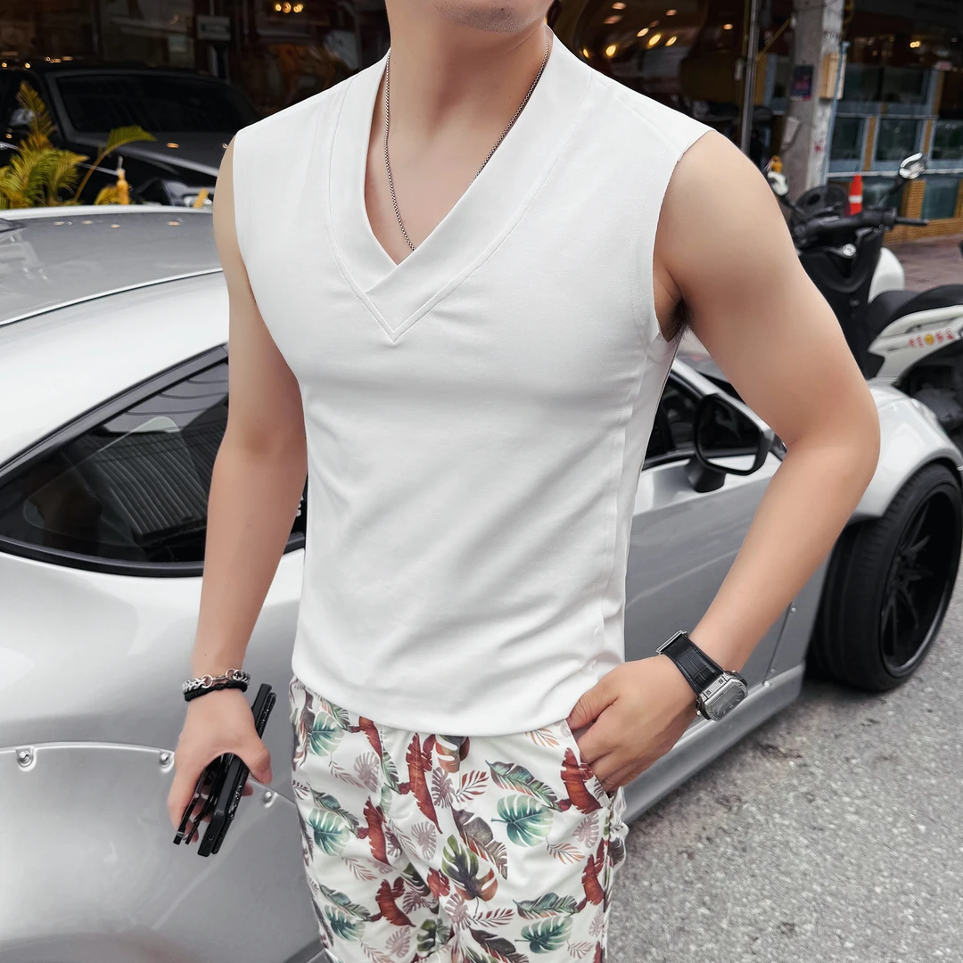 无袖V领坎肩背心男款夏季薄款型男运动健身男装透气男士短袖棉t恤