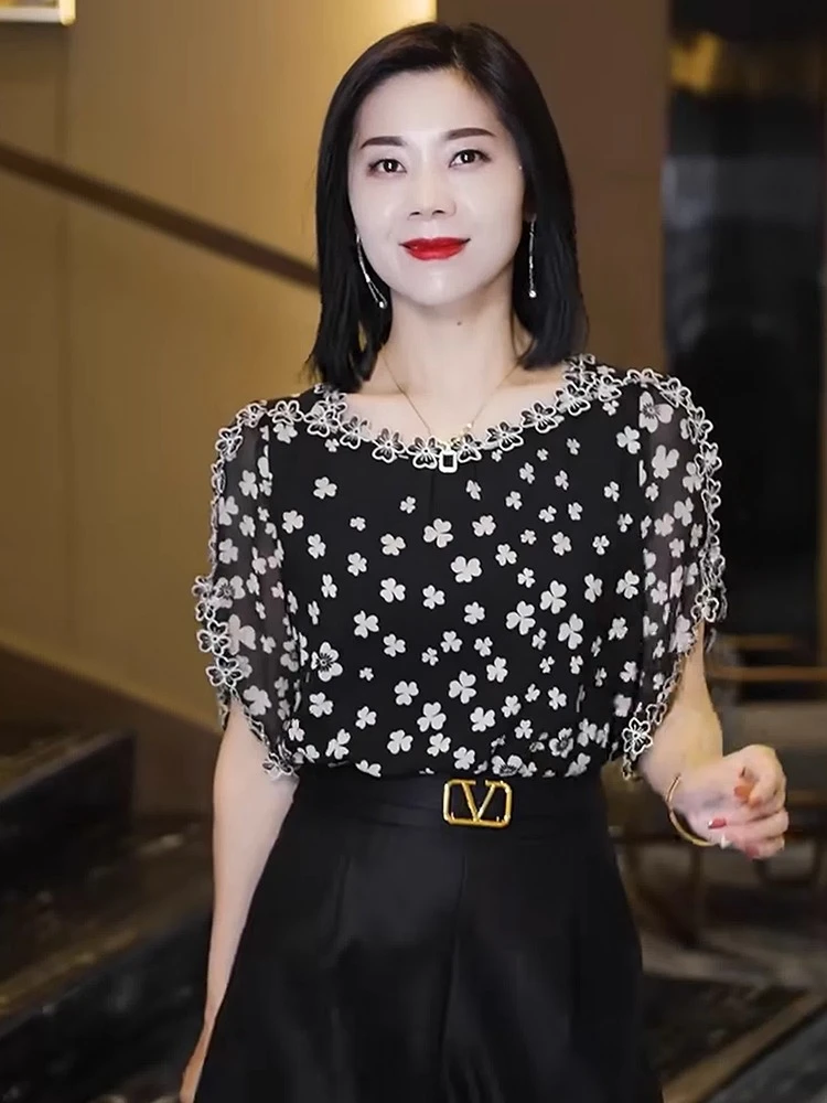 洋气雪纺衫女2025年夏季新款时尚气质显瘦上衣别致漂亮短袖小衫潮