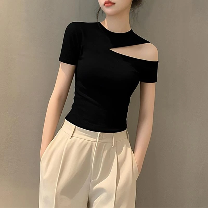 夏季新款黑色小高领短袖T恤女镂空设计感修身紧身针织薄款上衣服