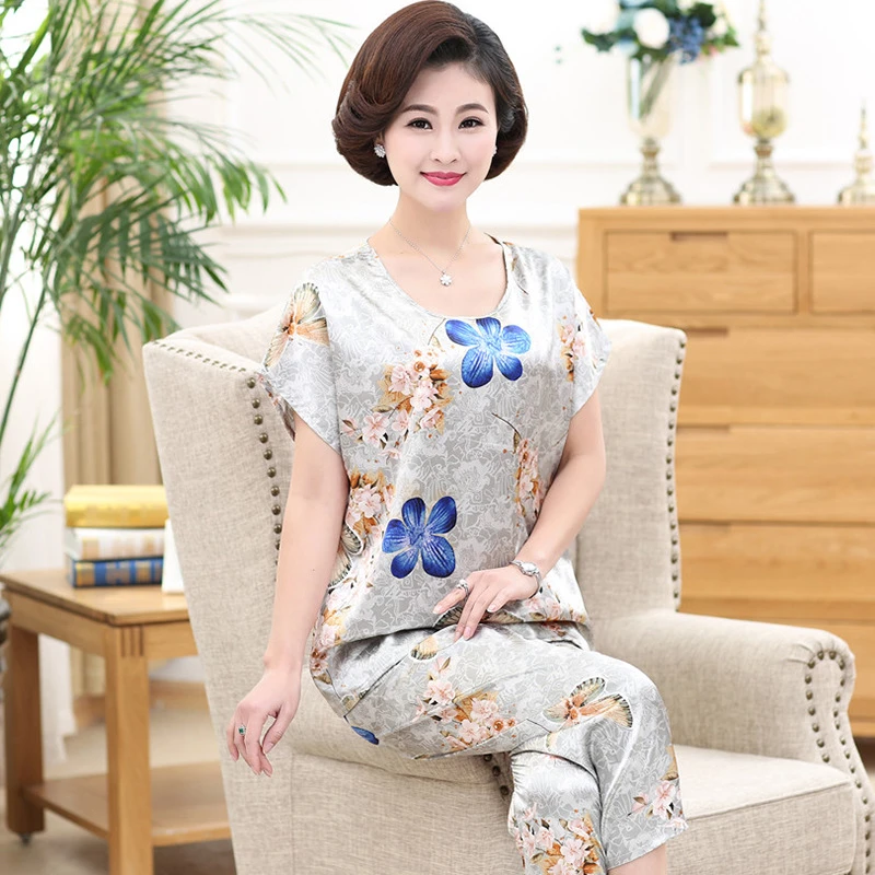 母亲节妈妈装高档冰丝睡衣套装夏薄款短袖两件套中老年休闲家居服