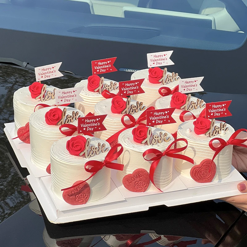 2025情人节快乐蛋糕装饰小旗插牌木质love2.14情侣表白玫瑰插件