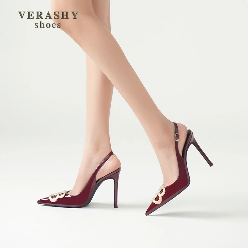 一字扣高跟鞋女2025夏新款字母双B扣酒红色气质性感细跟尖头凉鞋