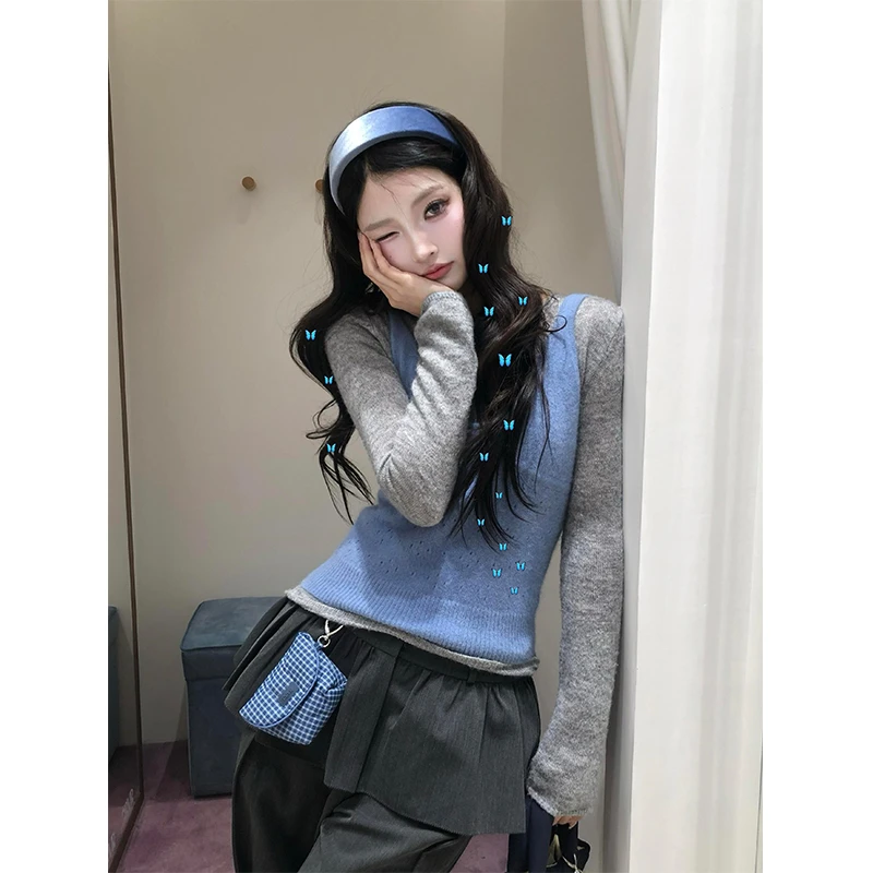 韩系ins春秋撞色叠穿蓝色内搭背心吊带打底衫针织衫休闲阔腿长裤