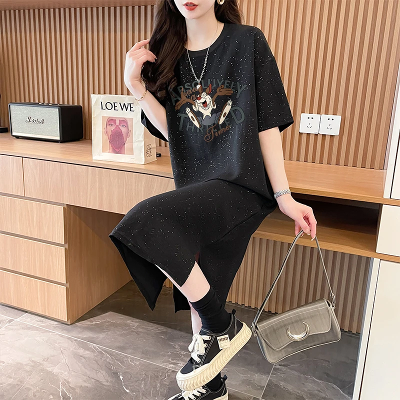 长款过膝满天星T恤裙女夏季韩版宽松时尚洋气减龄开叉大码连衣裙