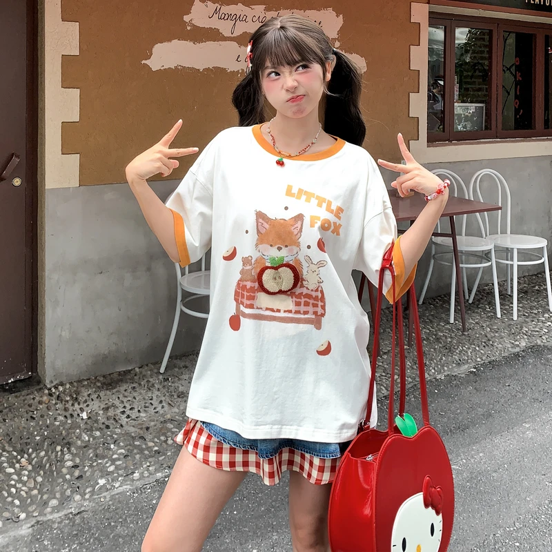 森女部落宽松原创可爱印花休闲T恤女夏季宽松上衣2025初夏穿搭