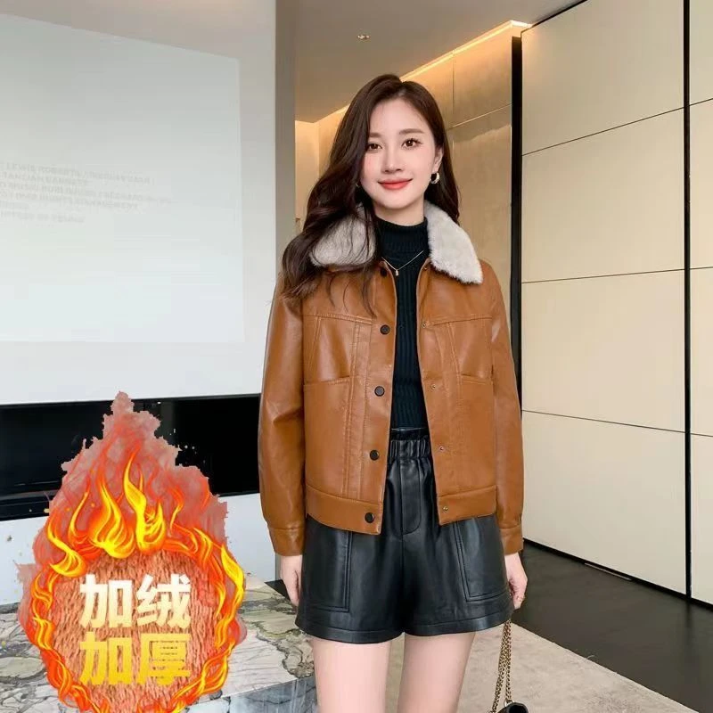 海宁皮衣2025短款女士皮衣宽松时尚PU皮夹克秋冬女装外套226加绒