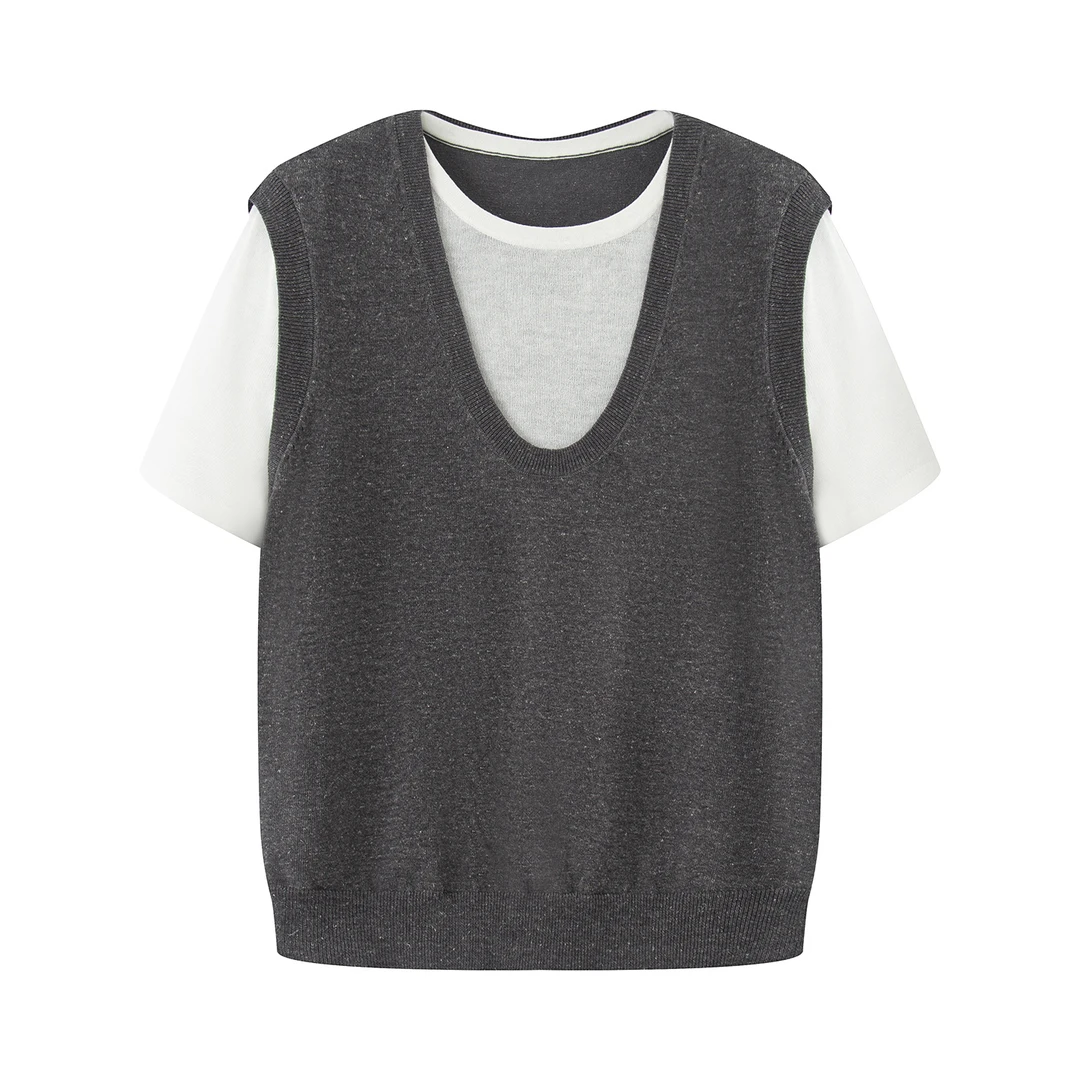 【迪家】短袖假两件针织衫女休闲宽松百搭拼接套头高级感上衣3177