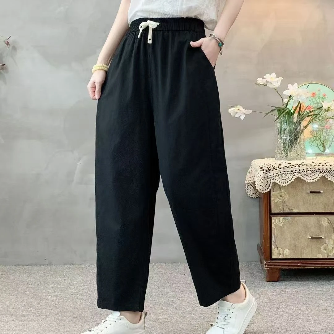 棉100%格子腰加腰绳女夏季薄款宽松休闲时尚九分裤