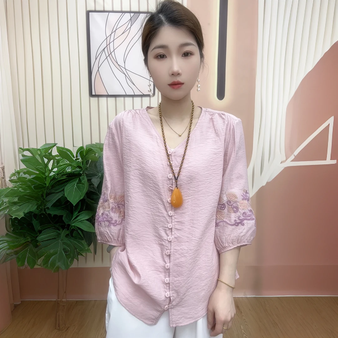 夏季轻薄刺绣开衫衬衣宽松显瘦遮肉七分袖百搭洋气妈妈装