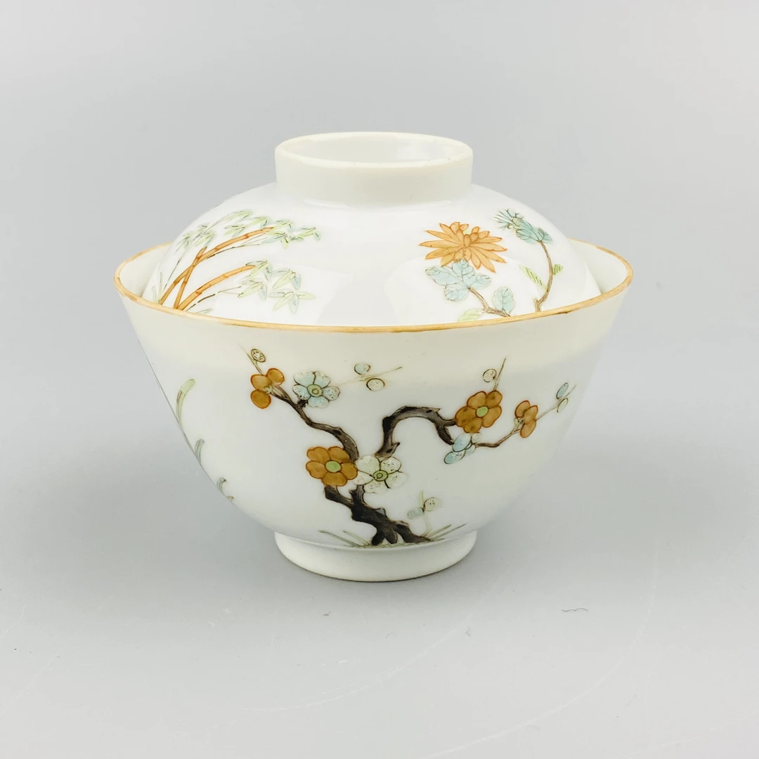 清道光粉彩四季花卉纹盖碗【古董拍卖】Y224LA1225039