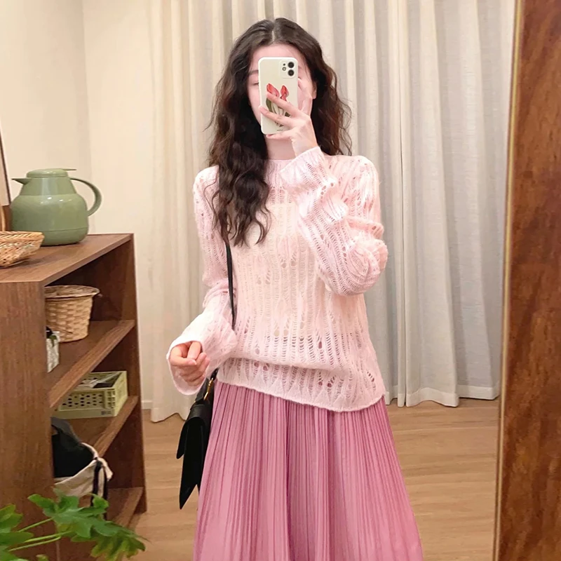 ZJ5069开春装搭配一整套韩系穿搭温柔风粉色镂空毛衣套装裙女新款