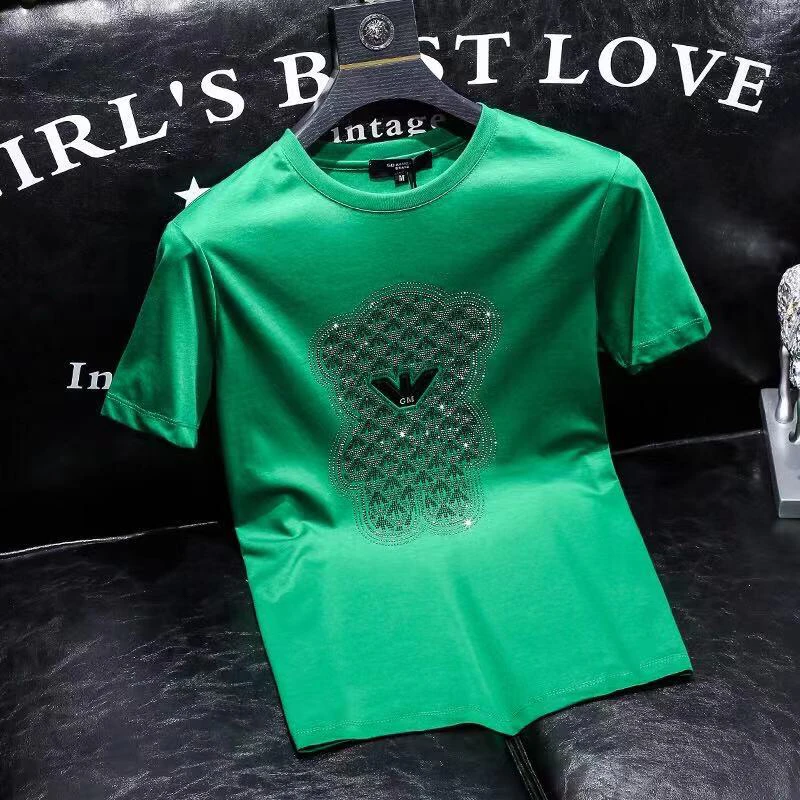 2025夏季网红烫钻小熊短袖T恤男士潮牌韩版时尚青年修身圆领半袖