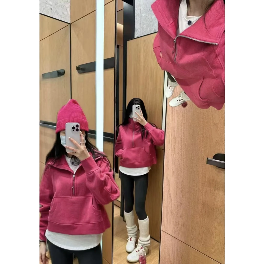 「涵涵家」美式复古休闲运动半拉链宽松显瘦连帽卫衣女#9255