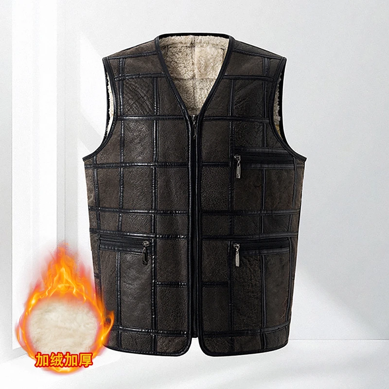 [阿吉雅羊绒馆】100％真羊皮！羊毛V拼接秋冬背心青年老年人中年暖背