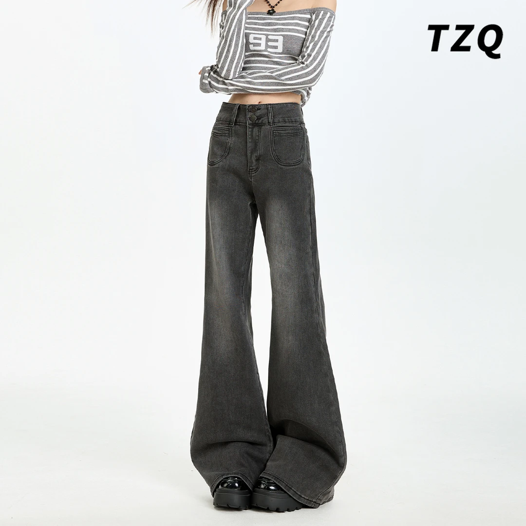 不贴腿黑灰色微喇牛仔裤女款爆款2025新款高腰宽松修身显瘦喇叭裤