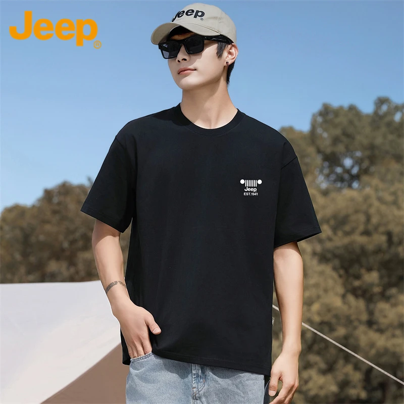 Jeep吉普日系男士纯棉重磅宽松打底衫休闲复古纯色圆领短袖t恤