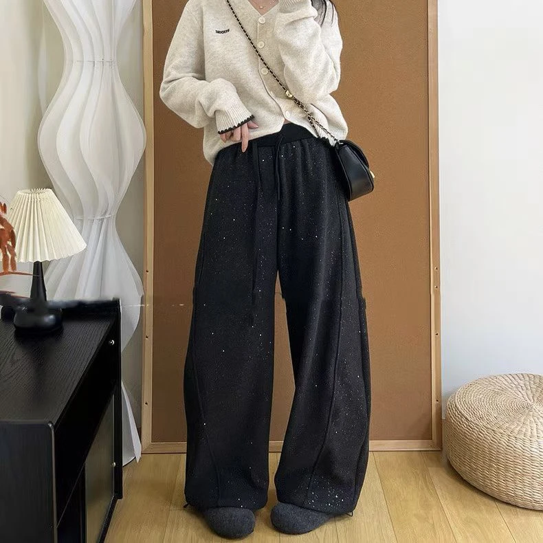 春季新款羊绒撒银弯刀阔腿裤
