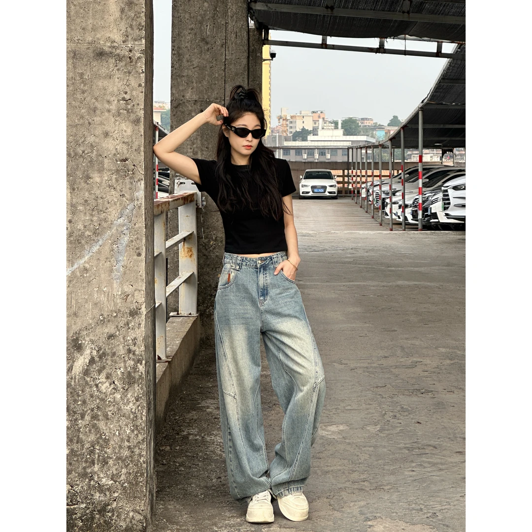 A3378冰雾蓝【N5专享】夏季新款中高腰垂感阔腿精裁剪设计弯刀裤