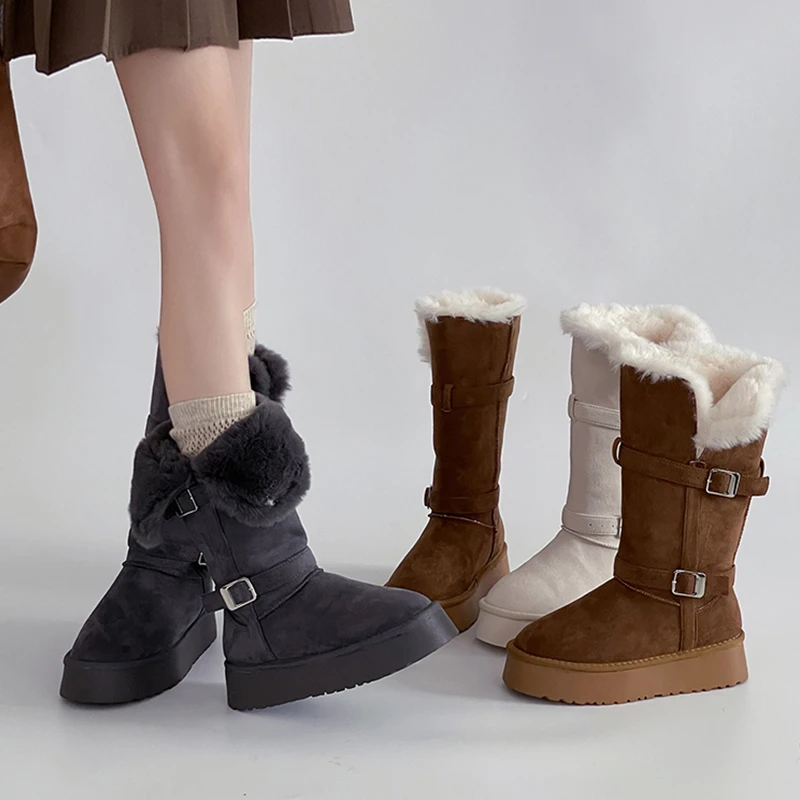 复古两穿扣带厚底毛毛翻边中筒靴雪地靴女2025冬季新款百搭时装靴