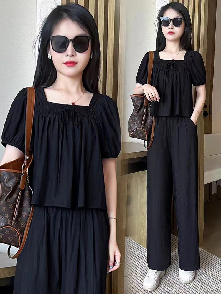 T099夏季时尚方领短袖阔腿裤两件套套裤DM7