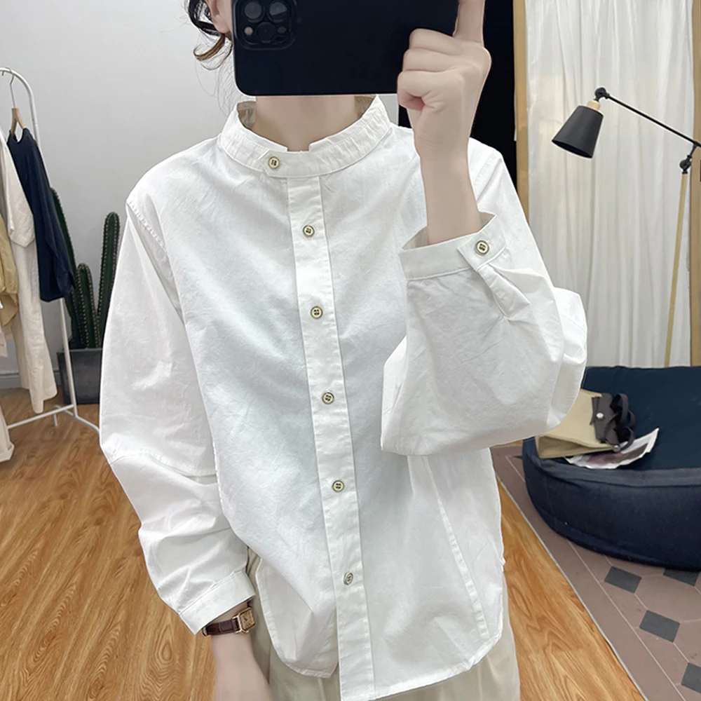 纯棉宽松立领灯笼袖长袖洋气休闲衬衫春秋女装新款潮流显瘦上衣女