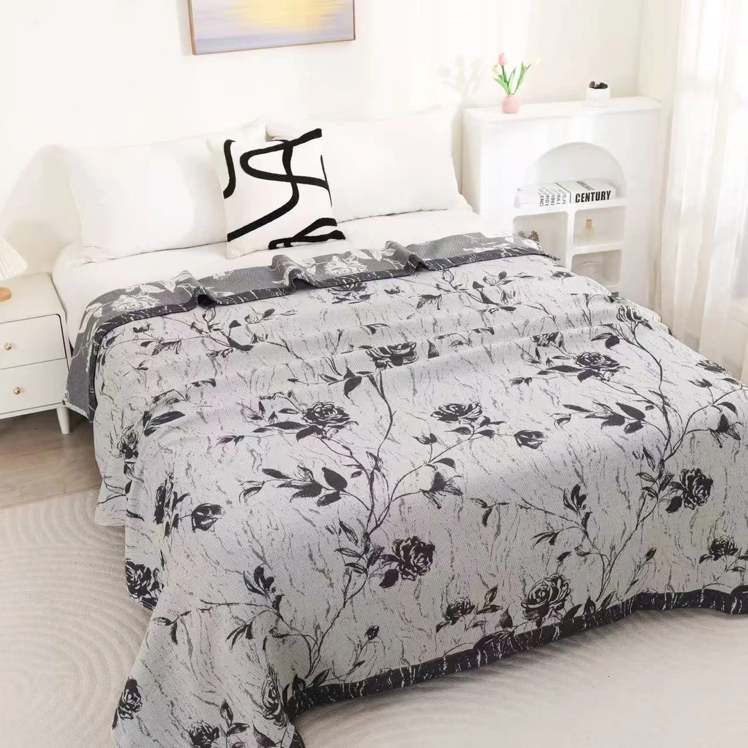 M【枝墨玫瑰】200*230cm罗布麻精梳纱布四季通用多功能床盖透气机洗