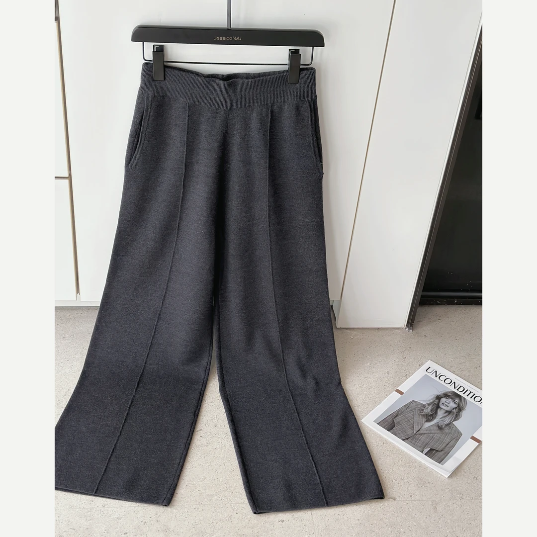 JESSICA WU墨玉垂云松紧高腰罗纹A廓垂坠针织裤254503001