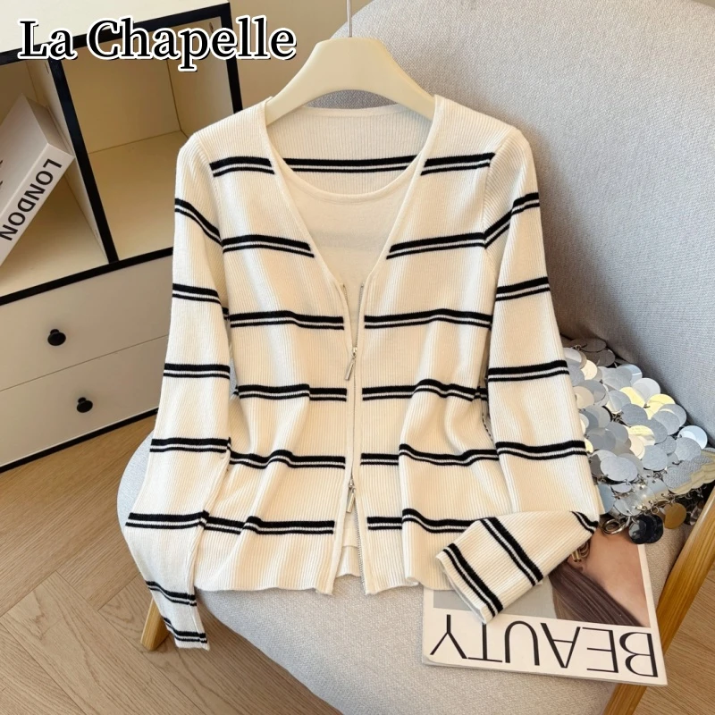 拉夏贝尔秋季新款韩版条纹针织衫女百搭设计感宽松显瘦假两件上衣